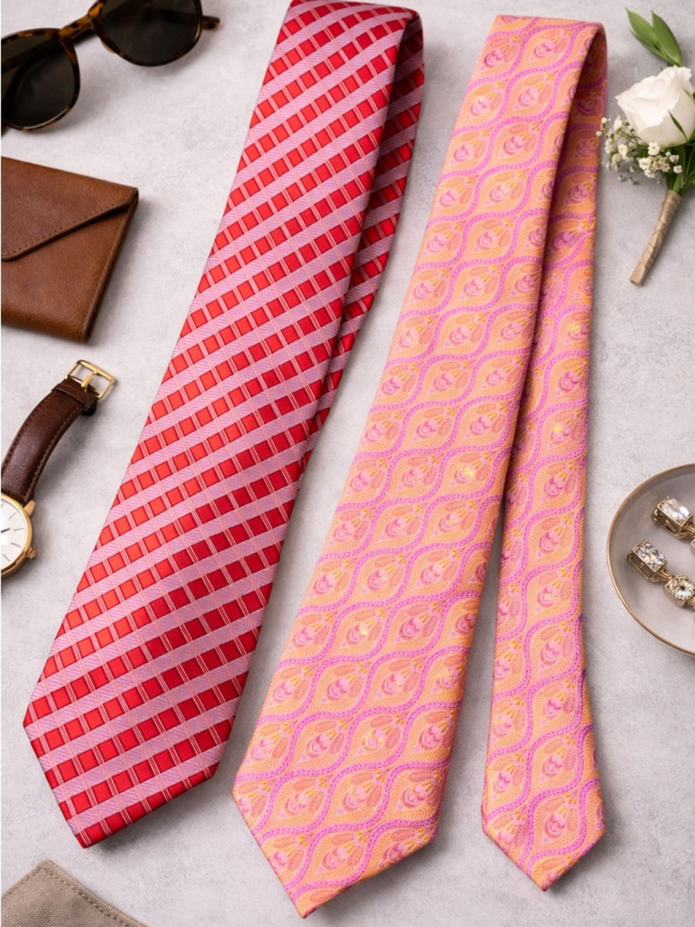 Ike Behar 100% Silk Tie Set of 2 Tailored in USA Red Geometric Pink Paisley